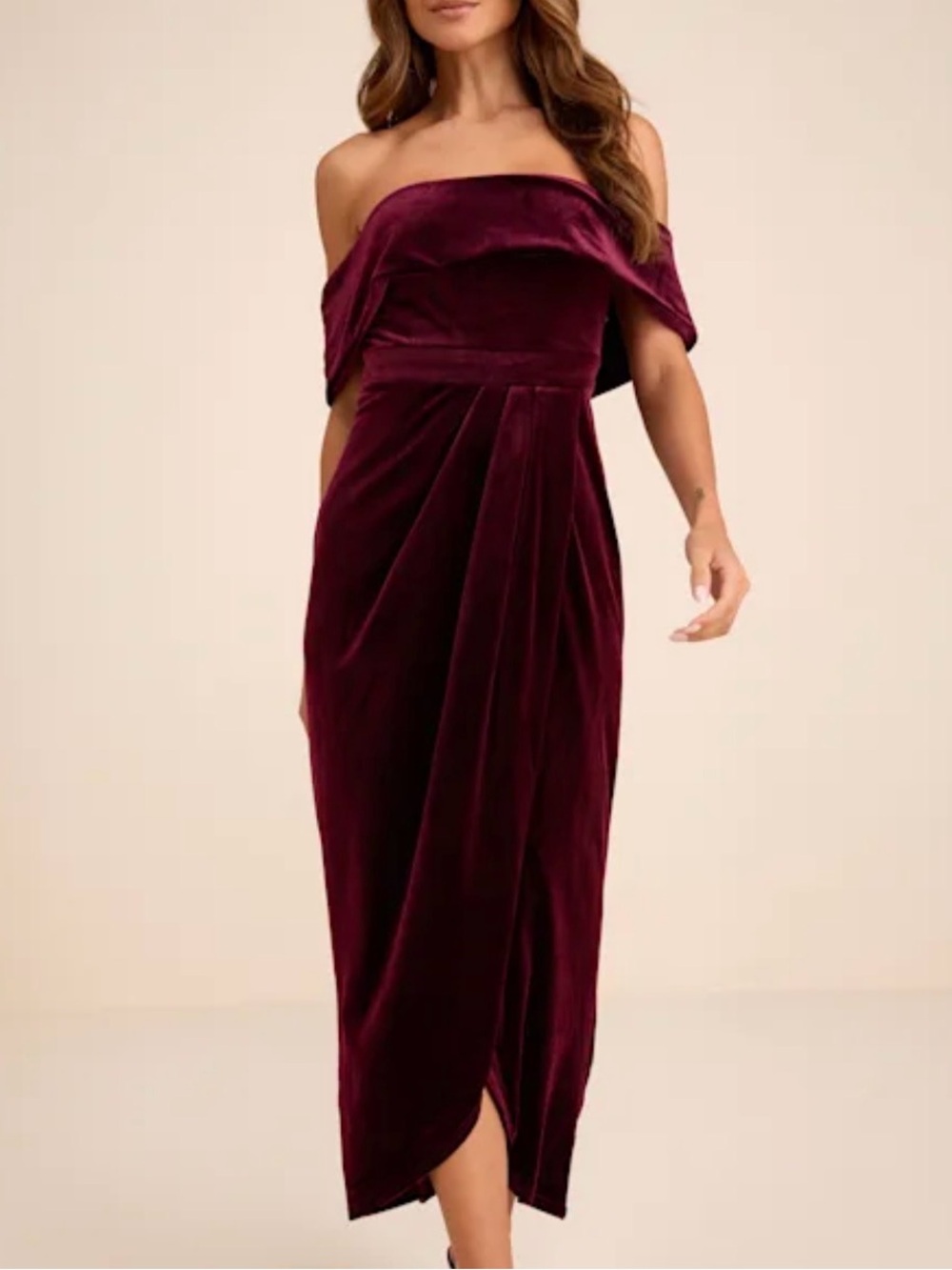Lulus I’m Enchanted Burgundy Velvet Maxi Dress Size M Medium Off Shoulder Formal